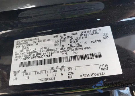 2022 Ford F-150 Xl z USA, uszkodzony, nr VIN 1FTEW1EP7NKD37681